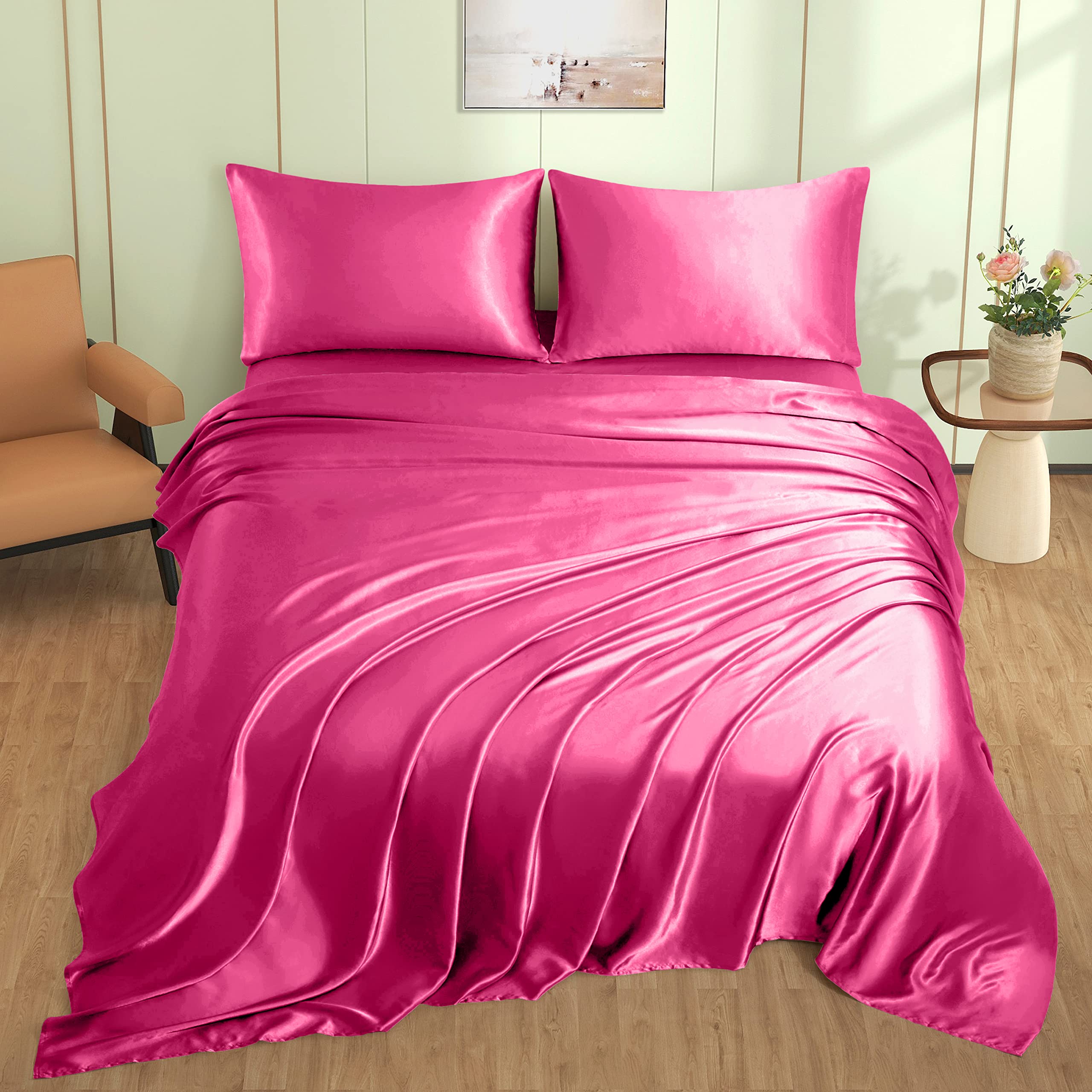 VACVELT hot pink satin queen flat sheet spread for full bed coverage and luxury feel
