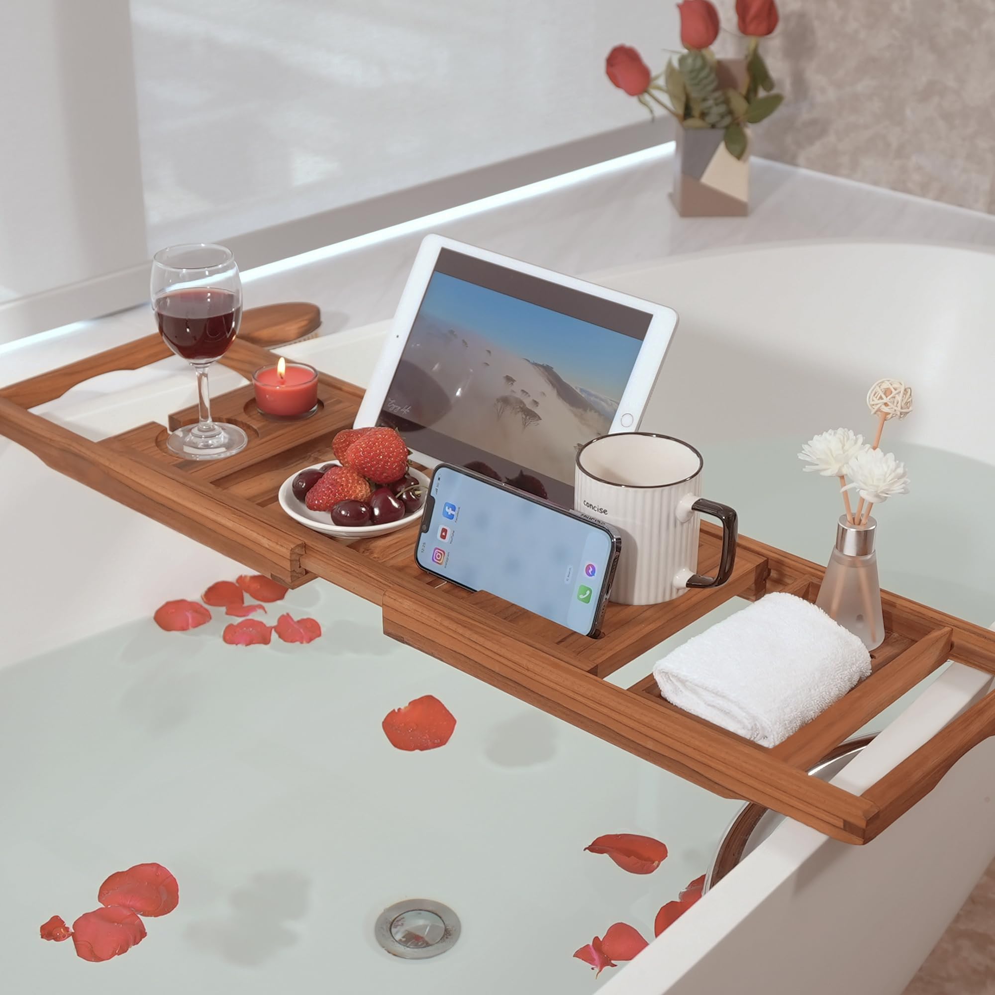 VaeFae teak bath tray candle compartment creating ambiance