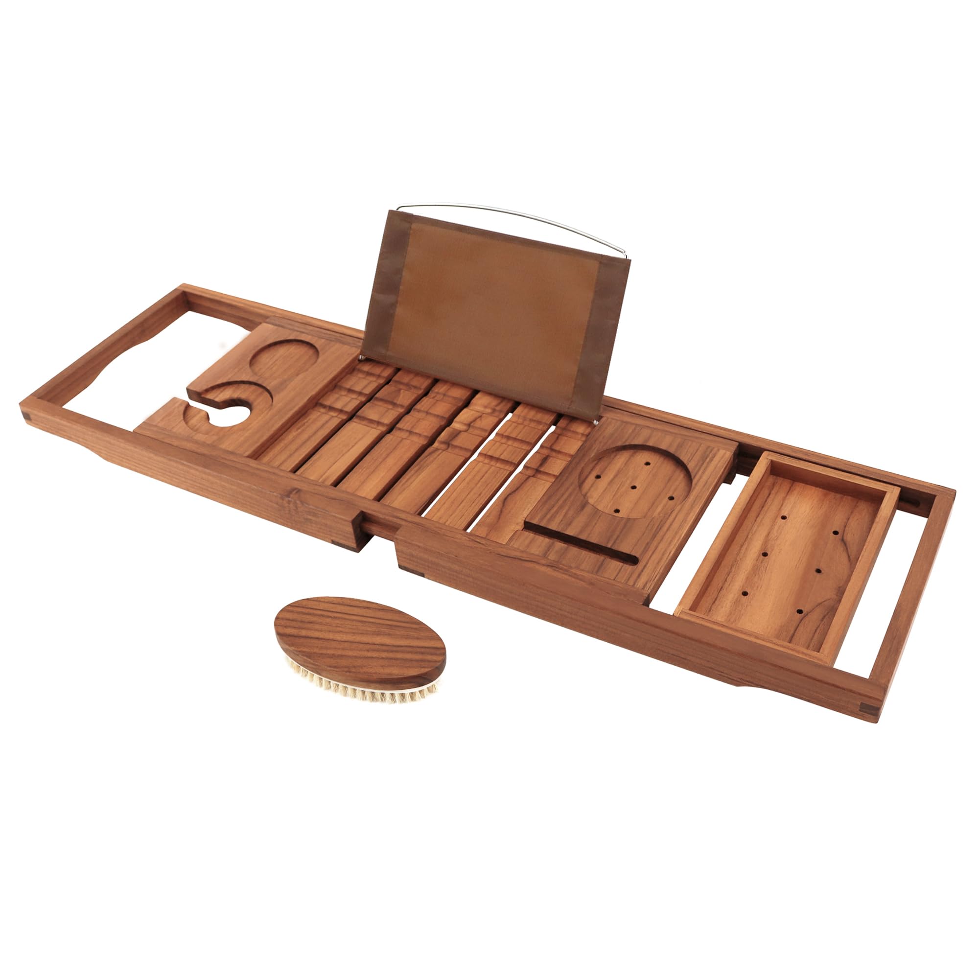 VaeFae teak bathtub tray setup showing organized space and extendable arms