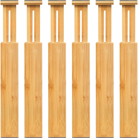 VaeFae adjustable bamboo drawer divider extended to fit larger drawers for organized storage