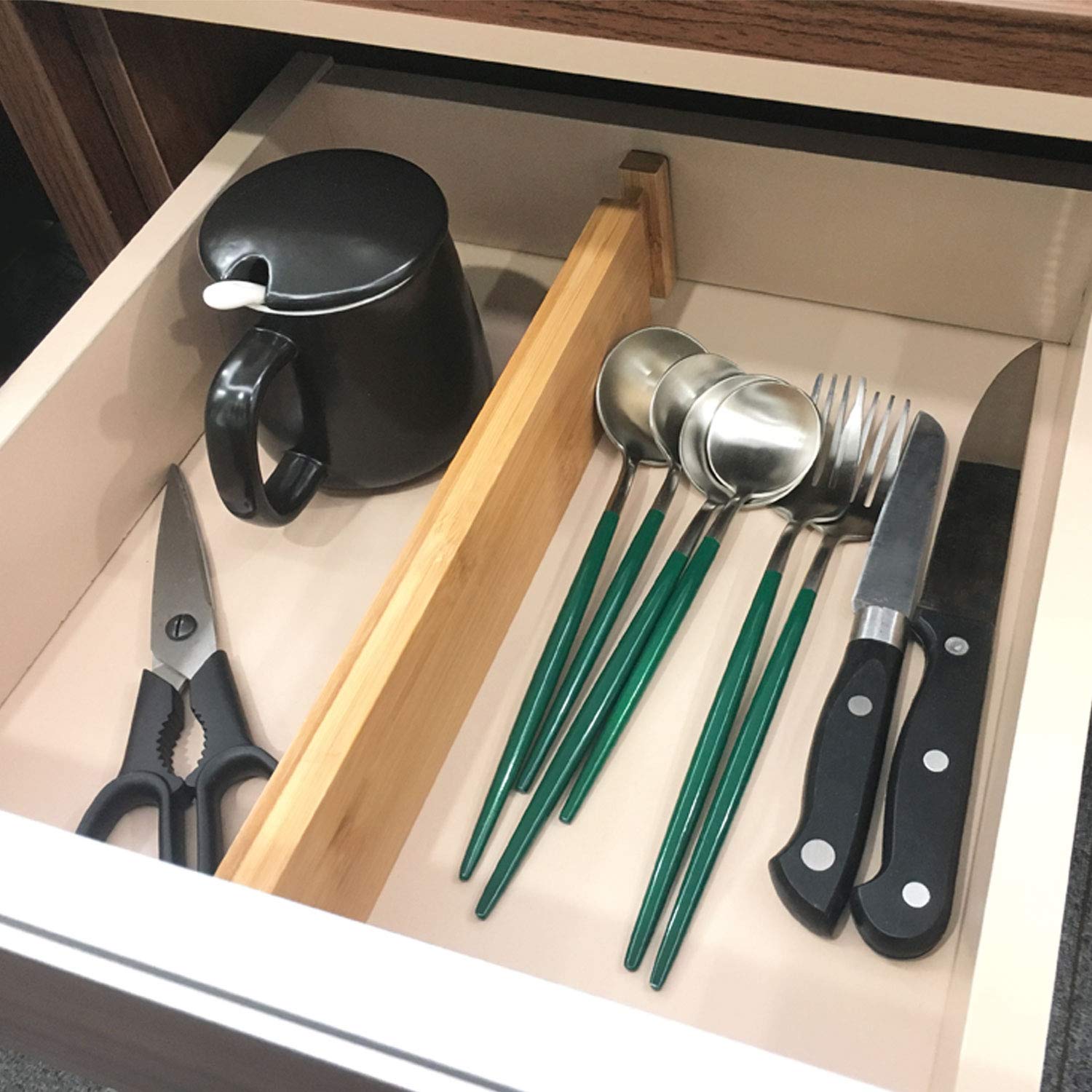 VaeFae bamboo drawer divider with spring clip keeps in place during daily use