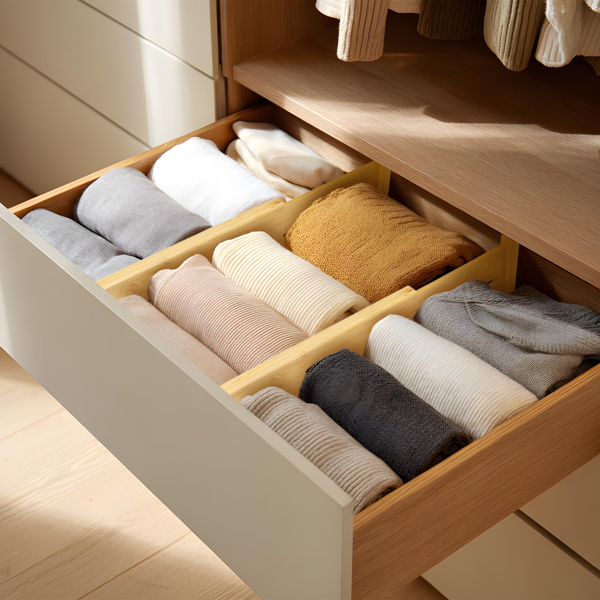 VaeFae bamboo drawer dividers with foam padded ends protect surfaces while organizing