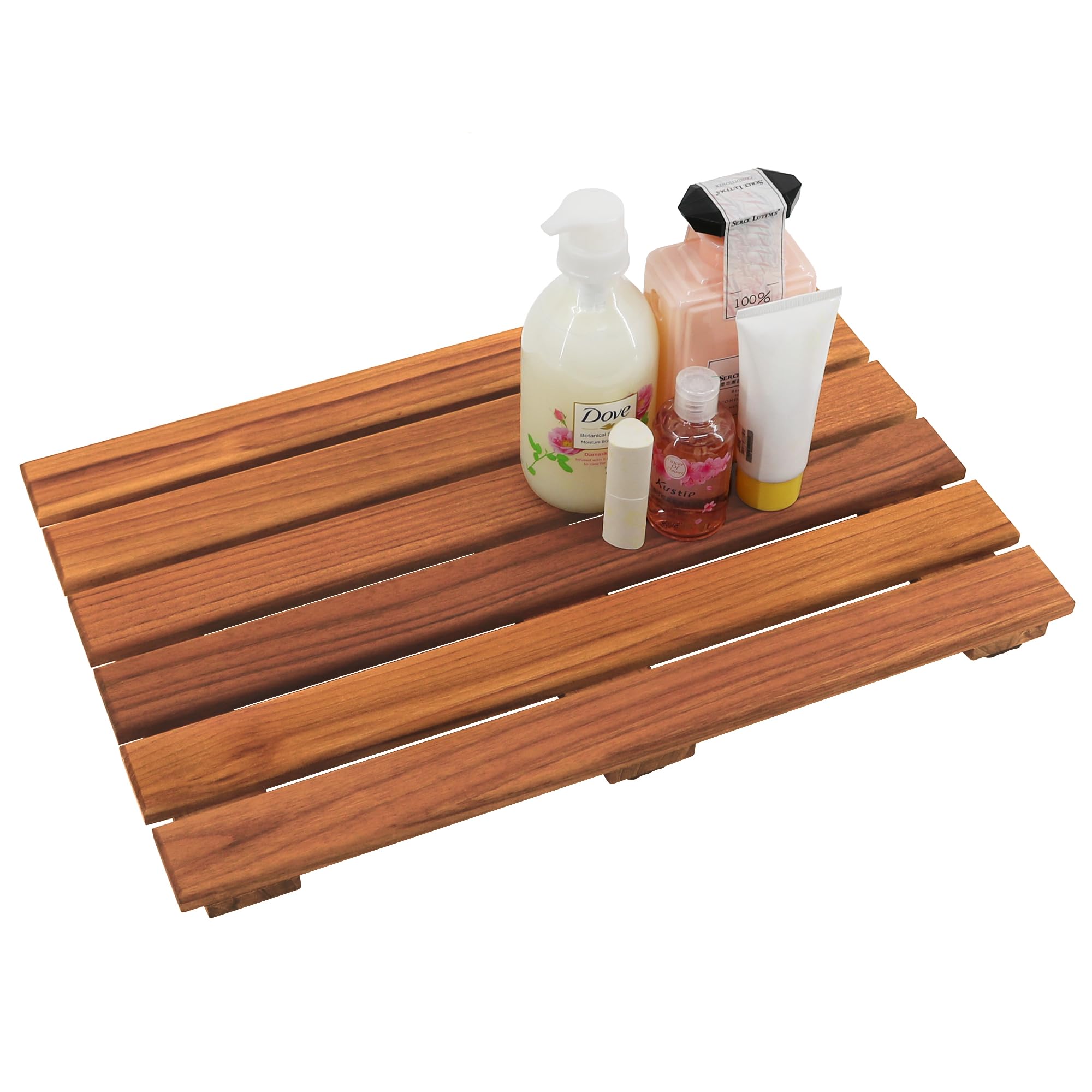 VaeFae Teak Shower Mat close-up reveals rich wood grain for a warm spa-like touch after shower.