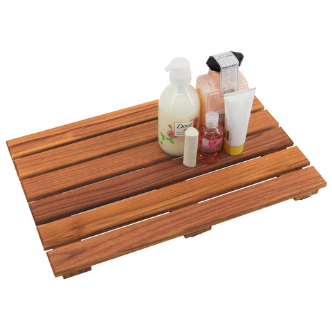 VaeFae Teak Shower Mat close-up reveals rich wood grain for a warm spa-like touch after shower.