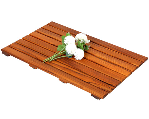 VaeFae Teak Shower Mat with non-slip base keeps feet secure on wet floors.