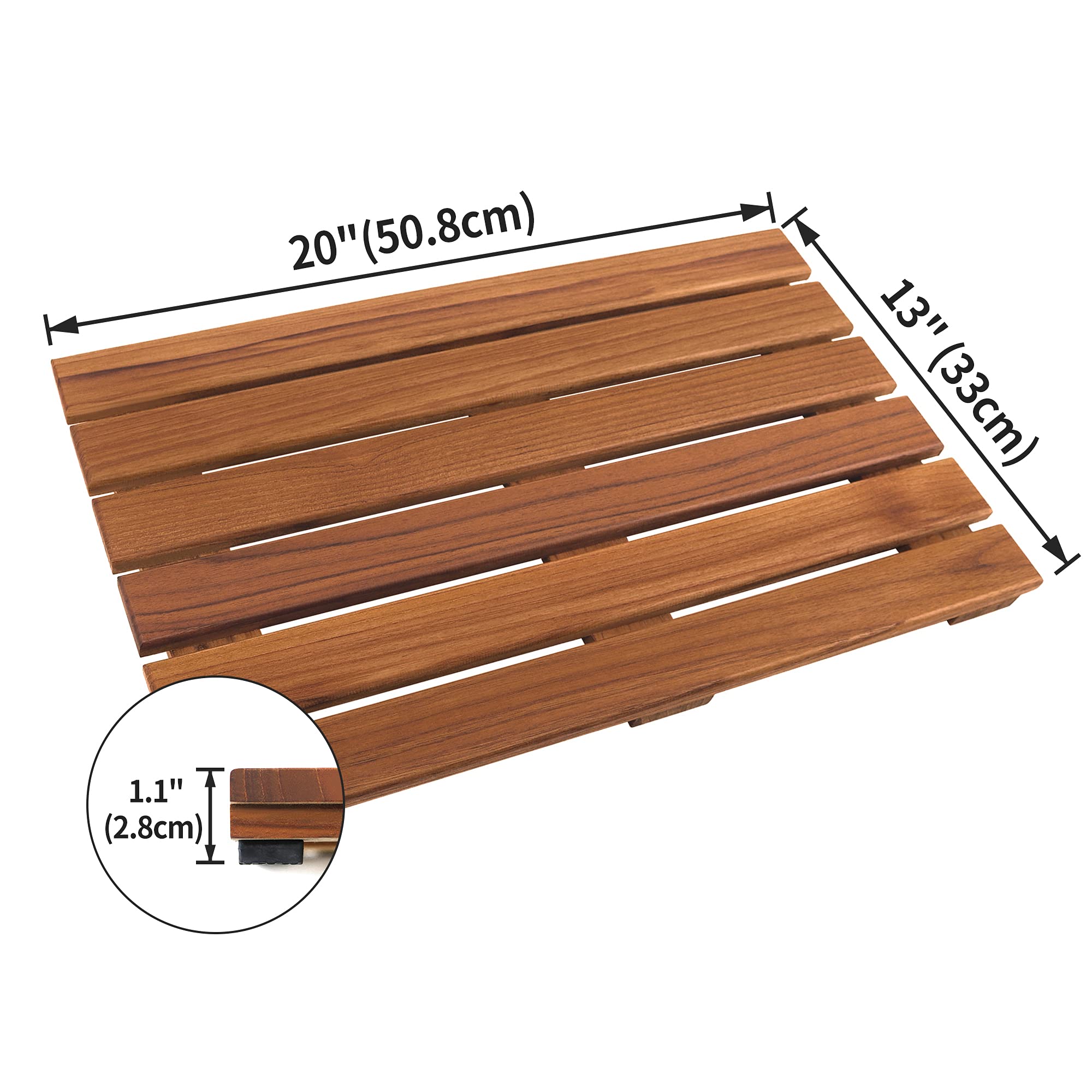 VaeFae Teak Shower Mat shows non-slip feet keeping the mat in place for safety.