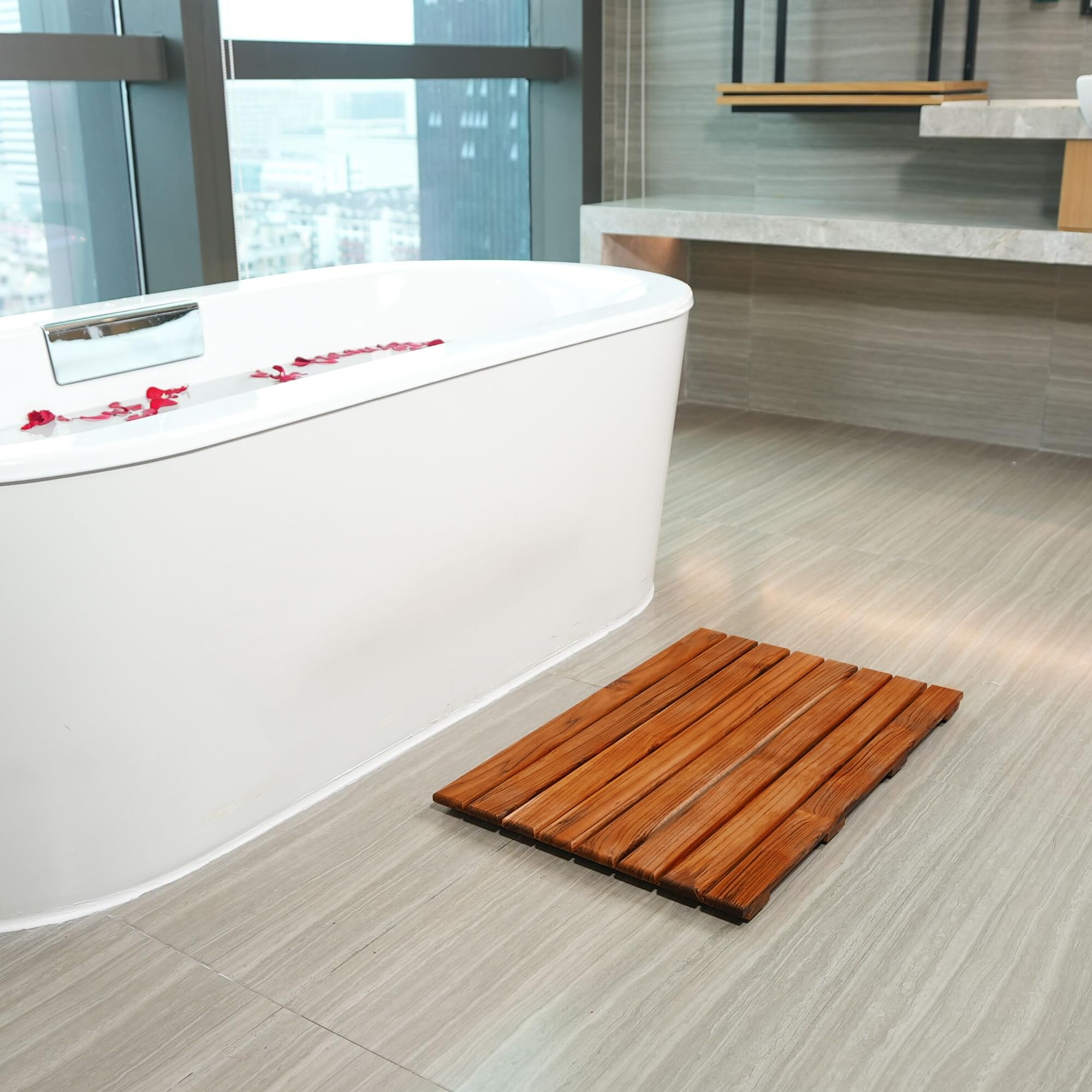 VaeFae Teak Shower Mat outdoor shower setting shows weather-friendly teak in use.