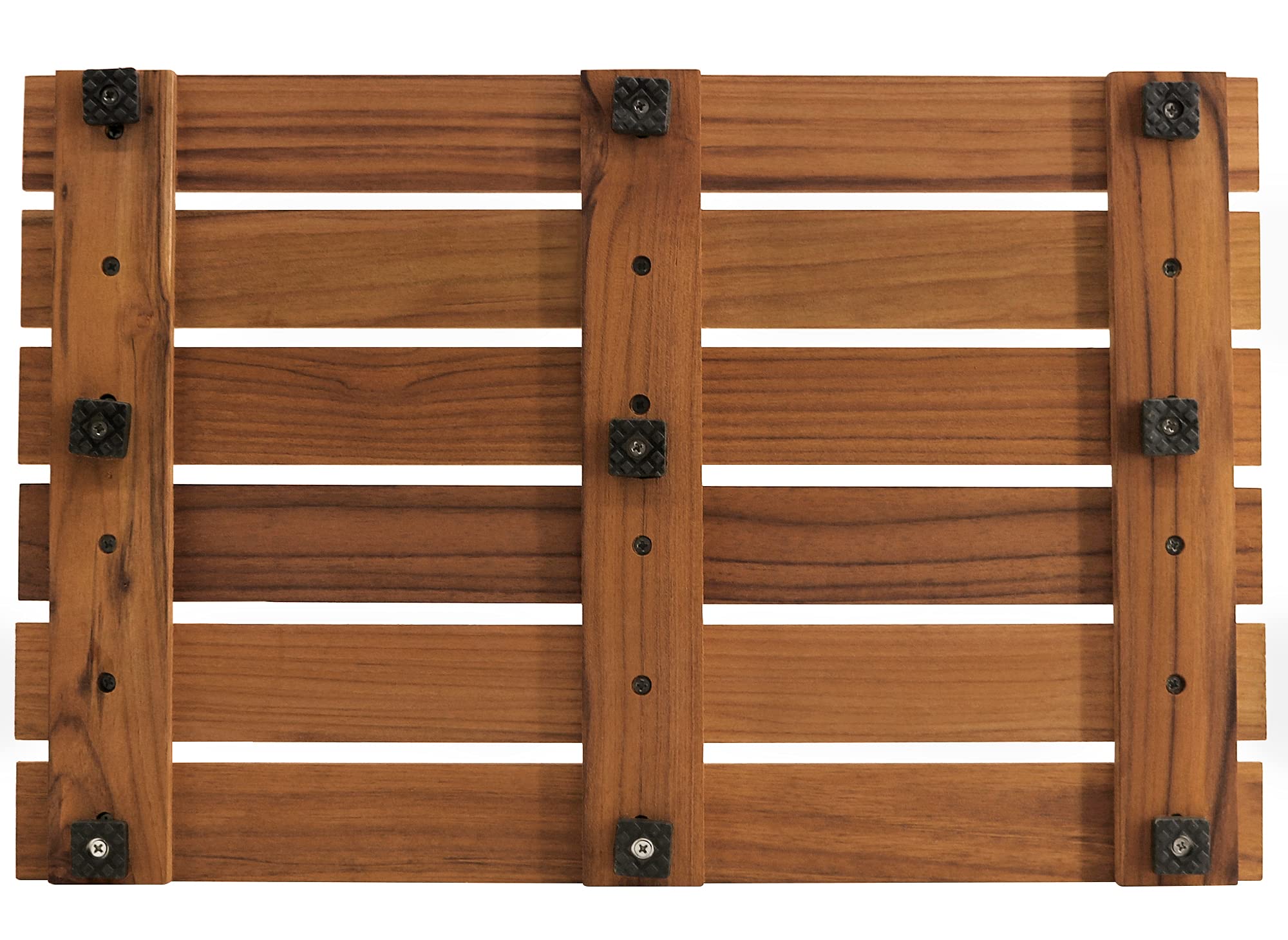 VaeFae Teak Shower Mat draining water efficiently through slatted design after use.