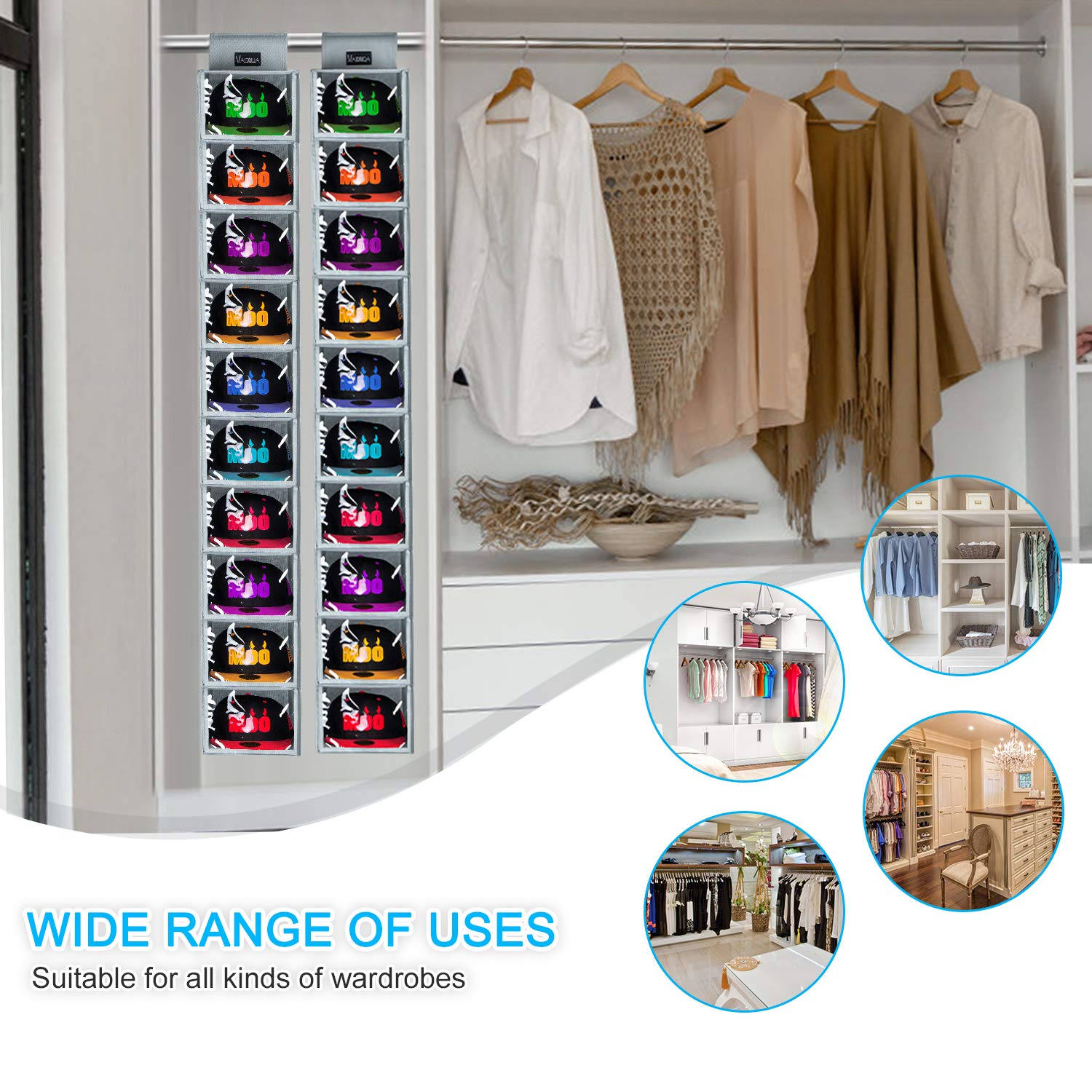 VAESIDA ten-shelf hat organizer shown in closet for multiple hats.