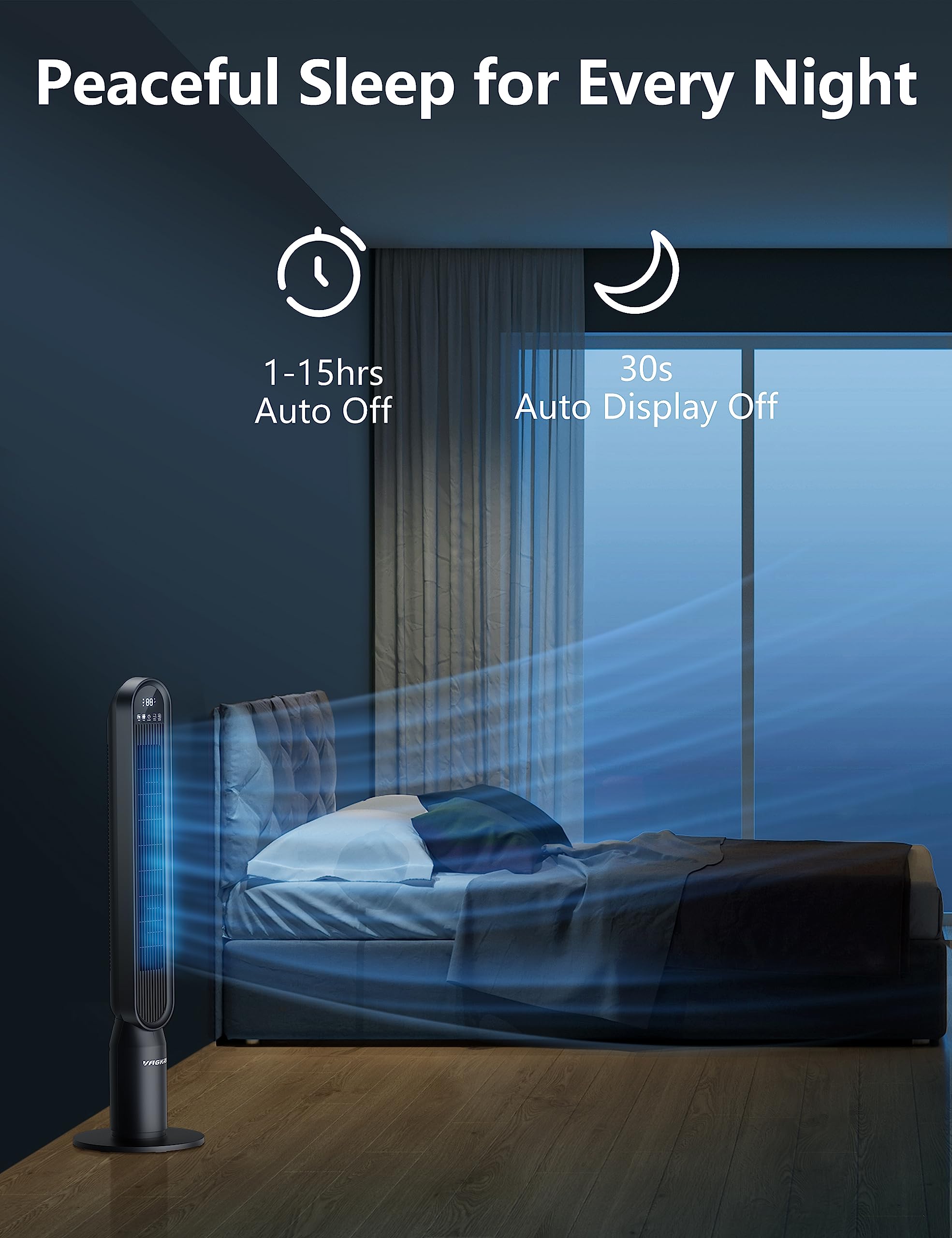 VAGKRI slim-design tower fan fits tight spaces with style.
