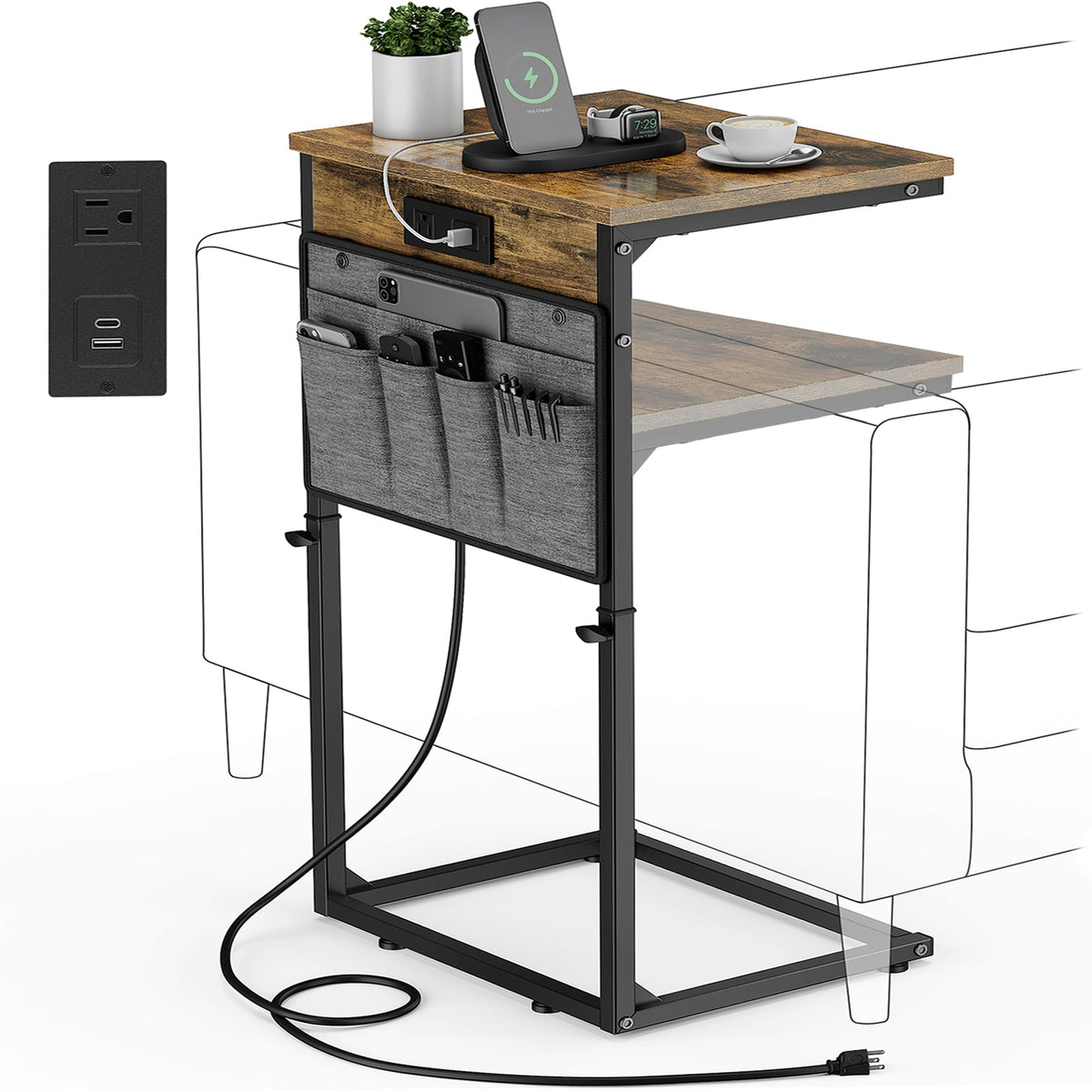 Vagusicc end table brown finish, C-shaped design for easy side reach beside sofa.
