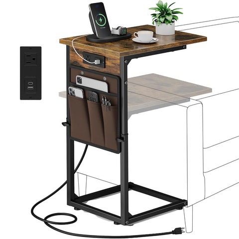 Vagusicc C Shaped End Table with charging station beside sofa for easy device charging