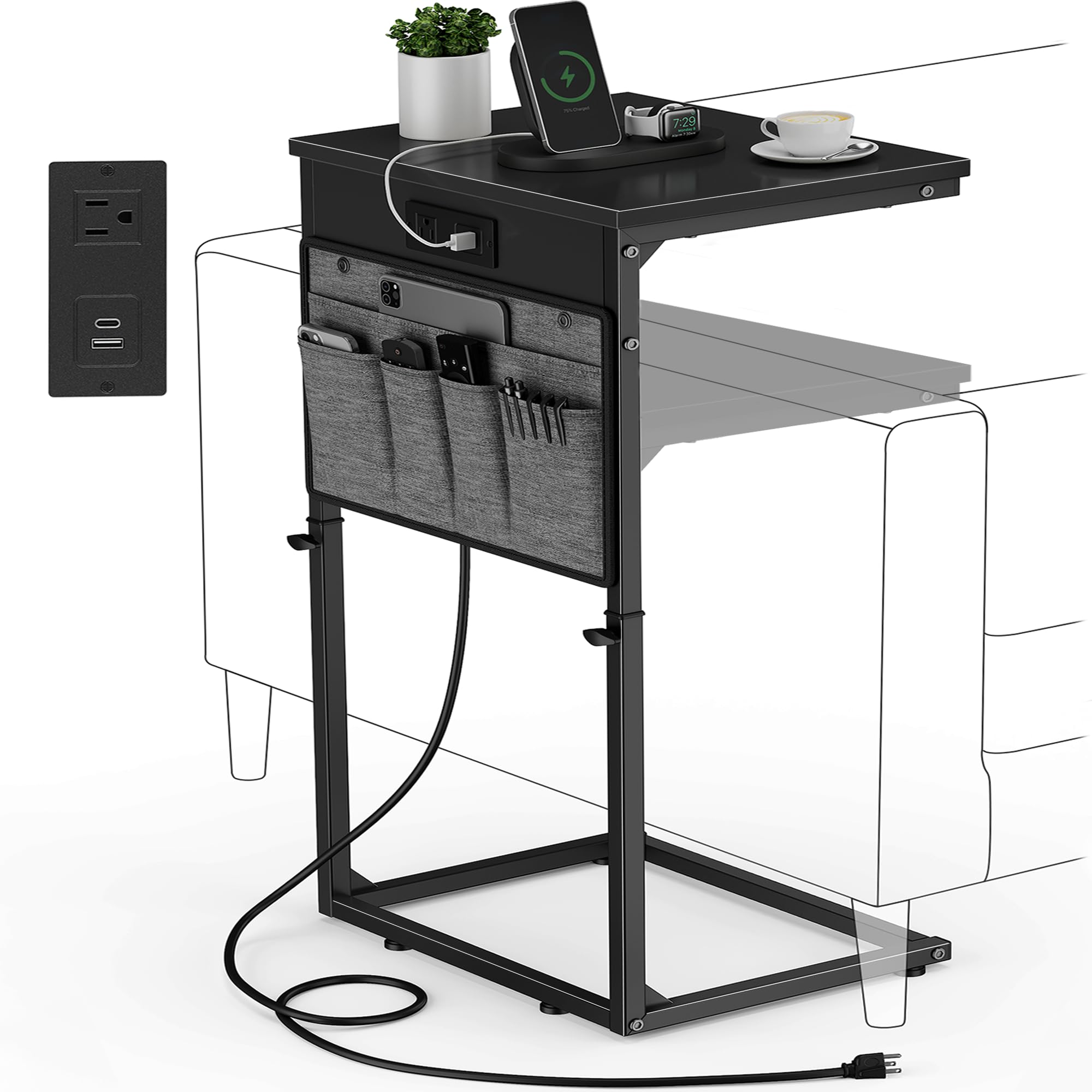 Vagusicc C-shaped end table beside sofa with charging station for easy device power