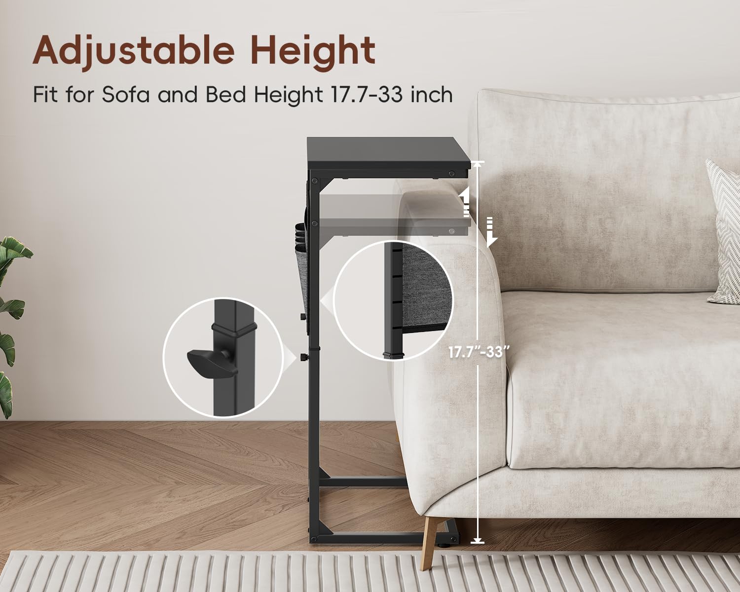 Vagusicc end table with storage pocket for remotes and tablets organized