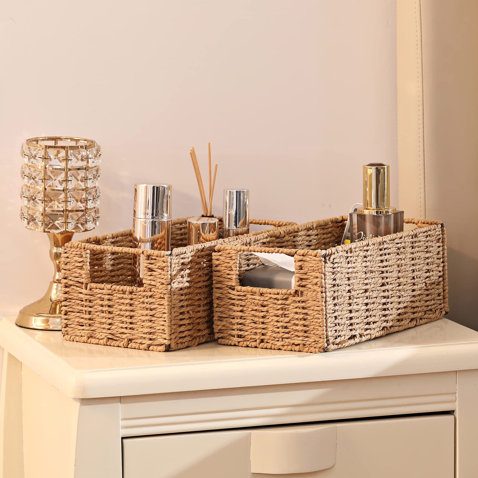 Vagusicc handwoven bathroom organizer basket for towels and essentials.
