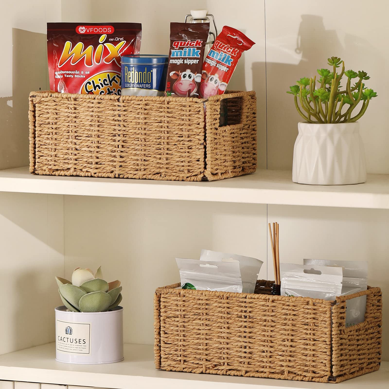 Vagusicc natural rope basket for toiletries on the vanity.