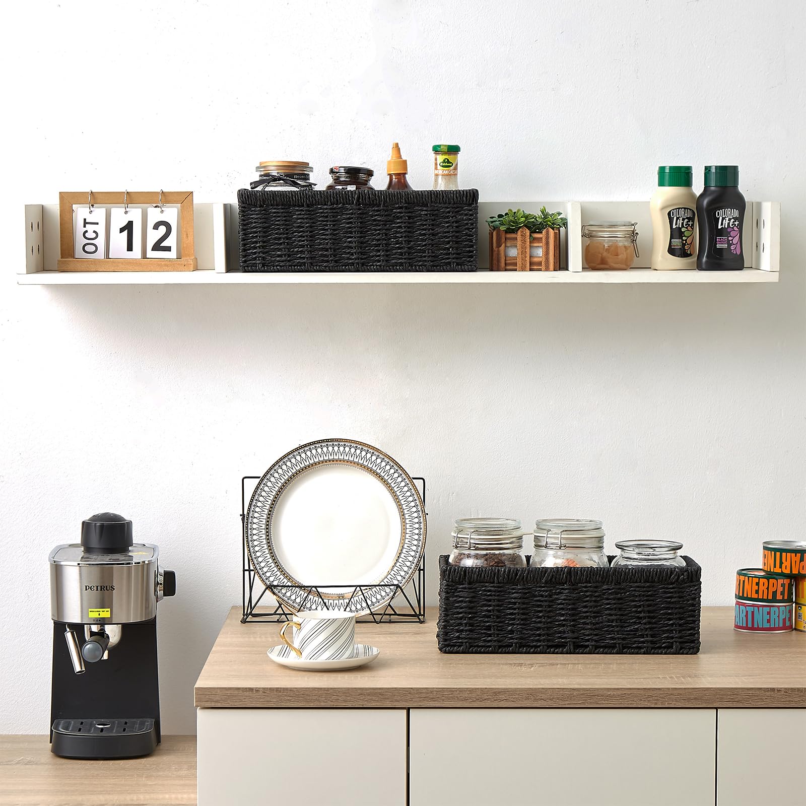 Vagusicc paper rope wicker basket used on a desk for compact storage.