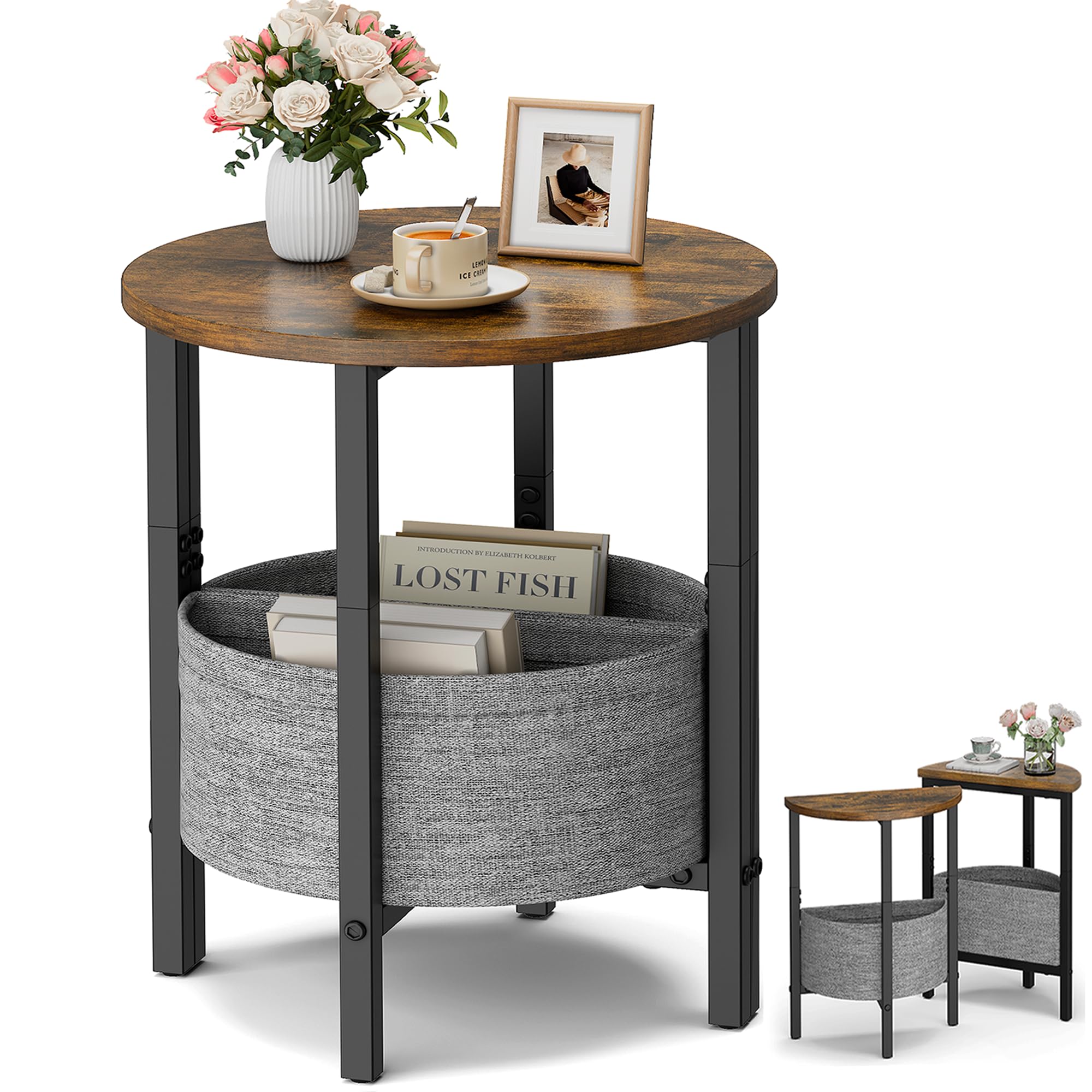 Vagusicc small round side table with storage basket keeps clutter organized.