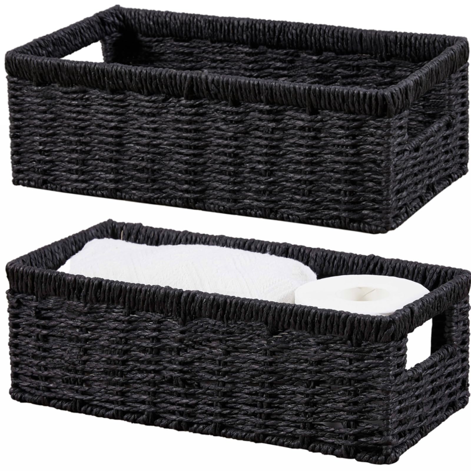 Vagusicc wicker storage basket with handles on a bathroom shelf for easy access.
