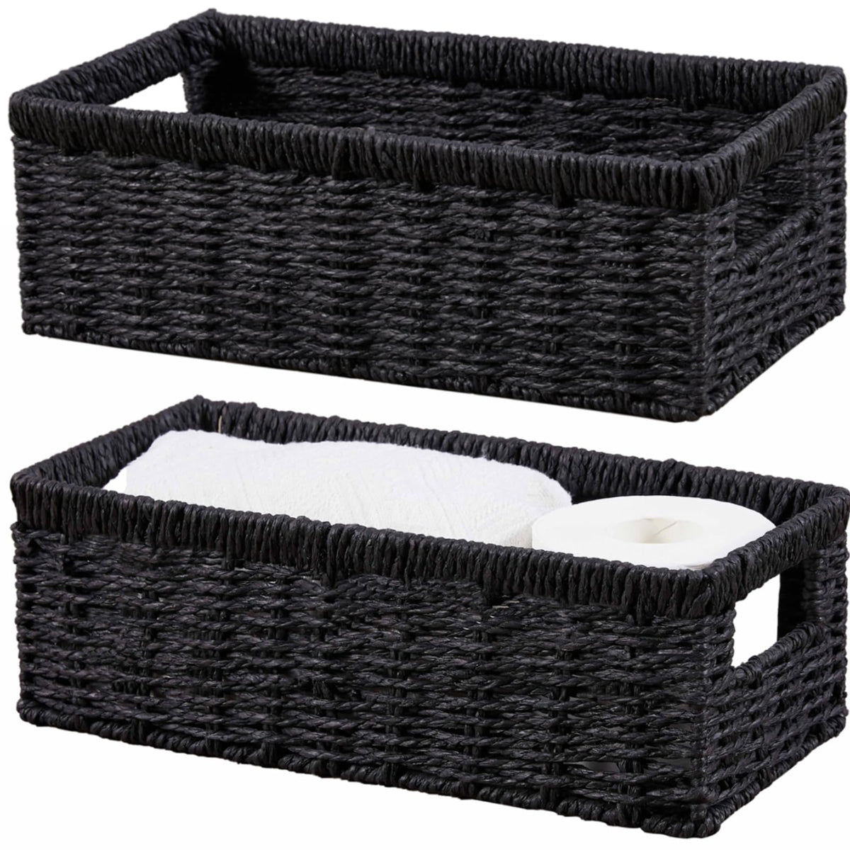 Vagusicc wicker storage basket with handles on a bathroom shelf for easy access.