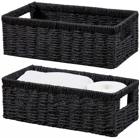 Vagusicc wicker storage basket with handles on a bathroom shelf for easy access.