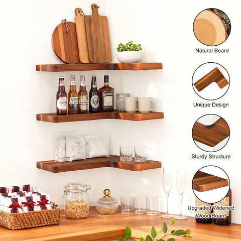 Vainaive acacia wood shelves showing natural grain and rustic finish