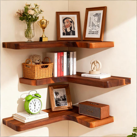 Vainaive corner shelves 3-pack mounted to maximize compact storage and display