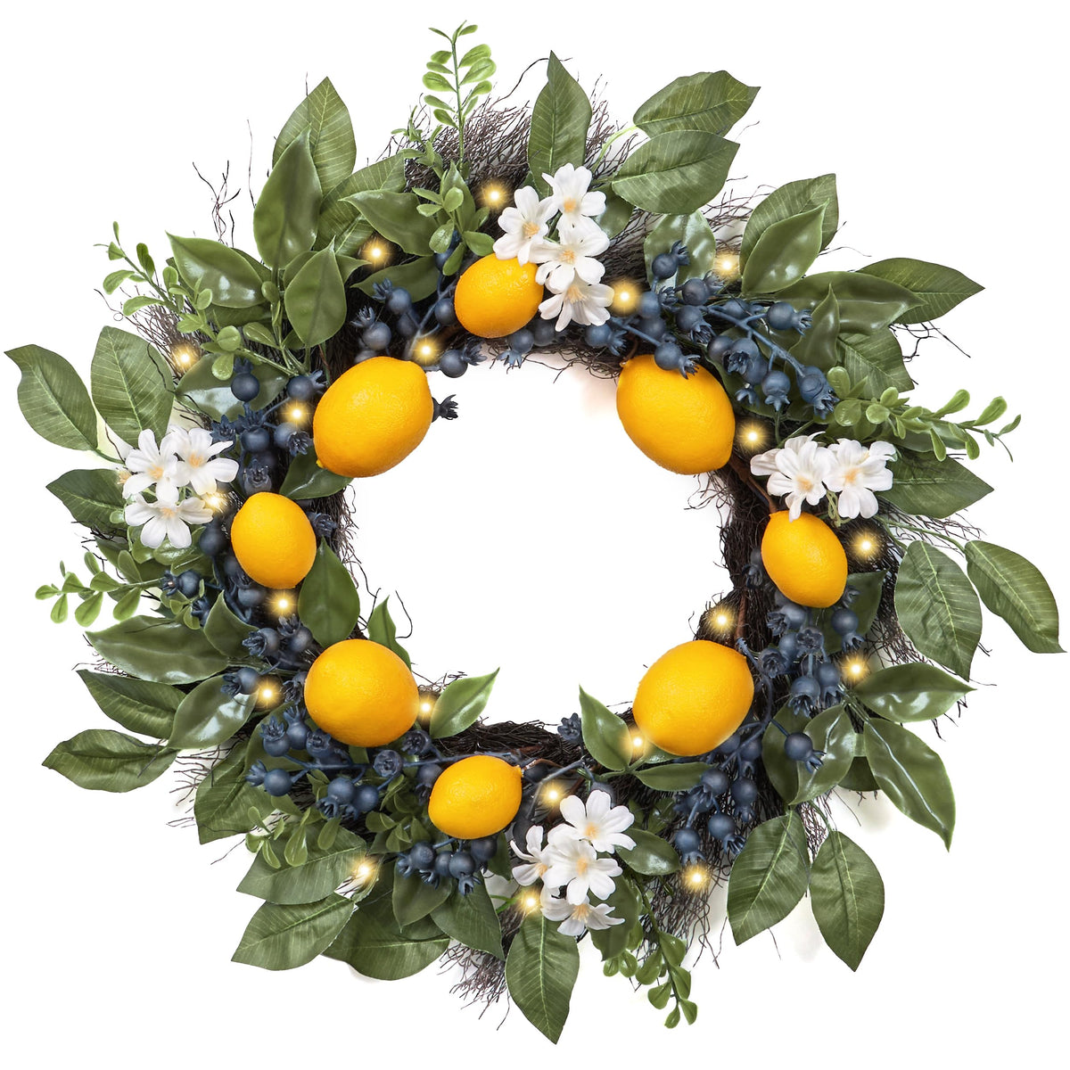 Valery Madelyn 20-inch lemon wreath on front door with blueberries and eucalyptus for warm ambience.