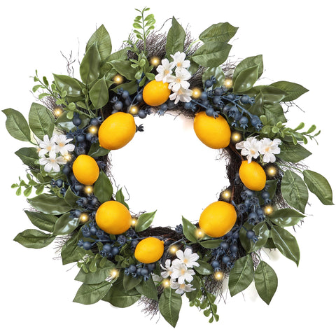 Valery Madelyn 20-inch lemon wreath on front door with blueberries and eucalyptus for warm ambience.
