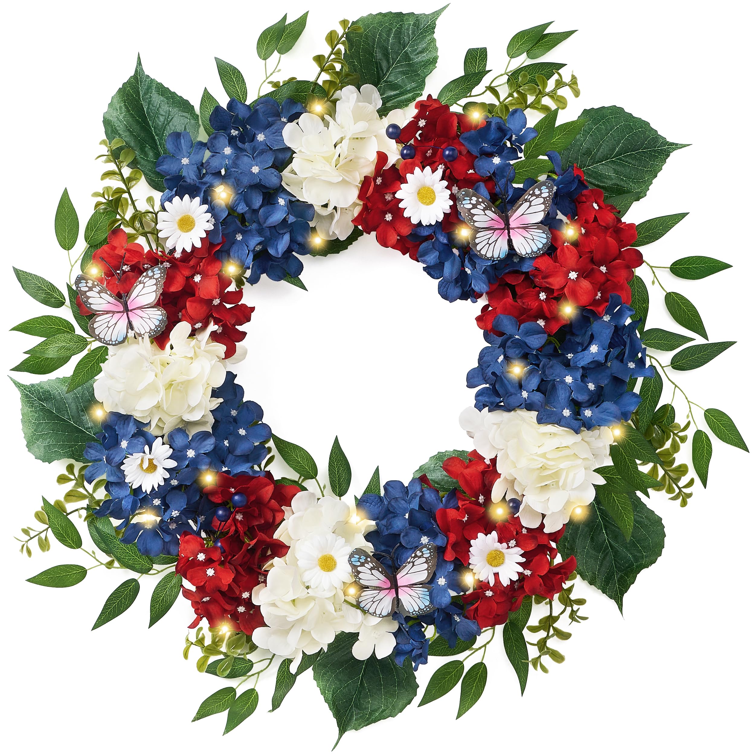 Valery Madelyn 4th of July wreath with lights over the front door adds festive curb appeal.