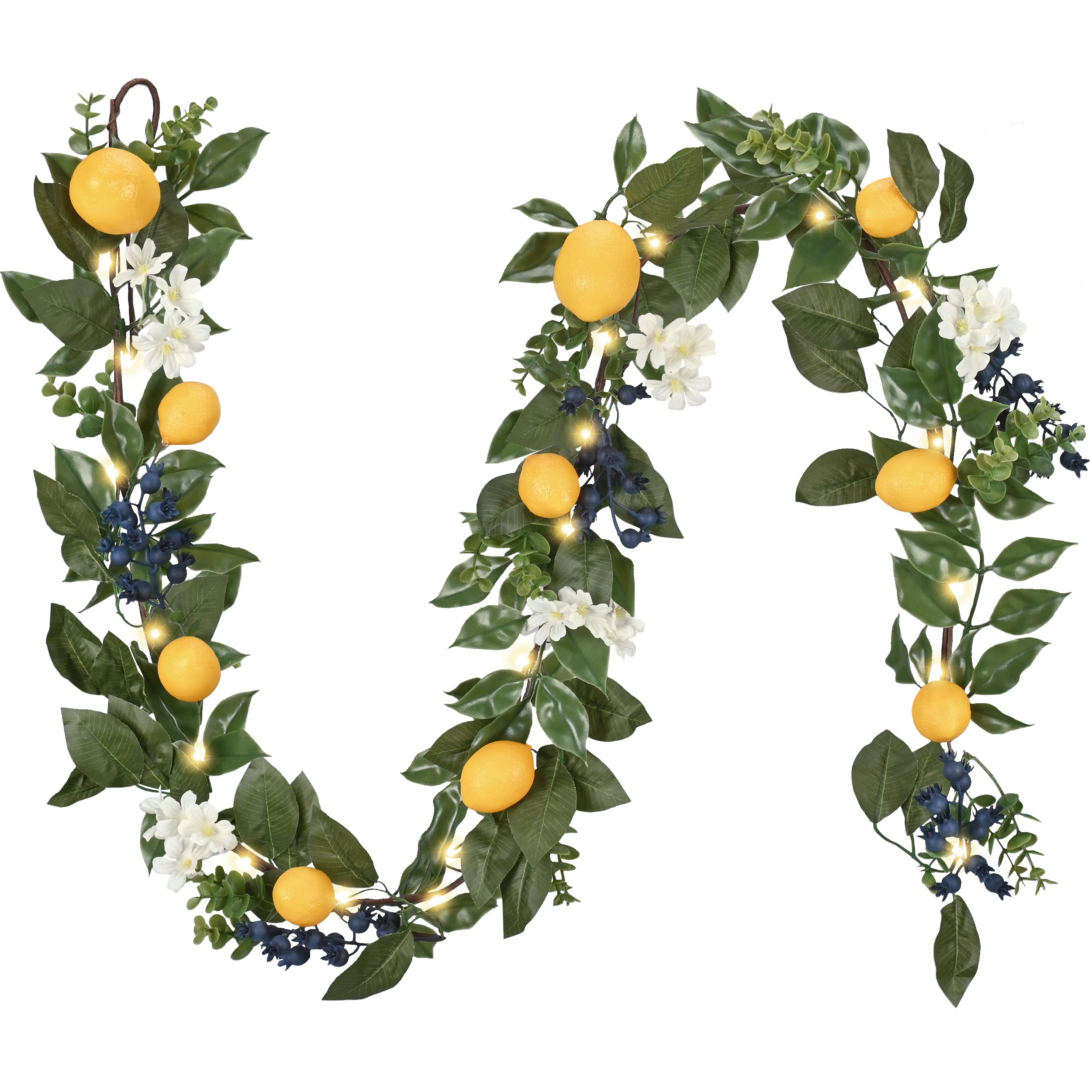 Valery Madelyn 6ft lemon garland with lights enhances mantel decor with warm glow.