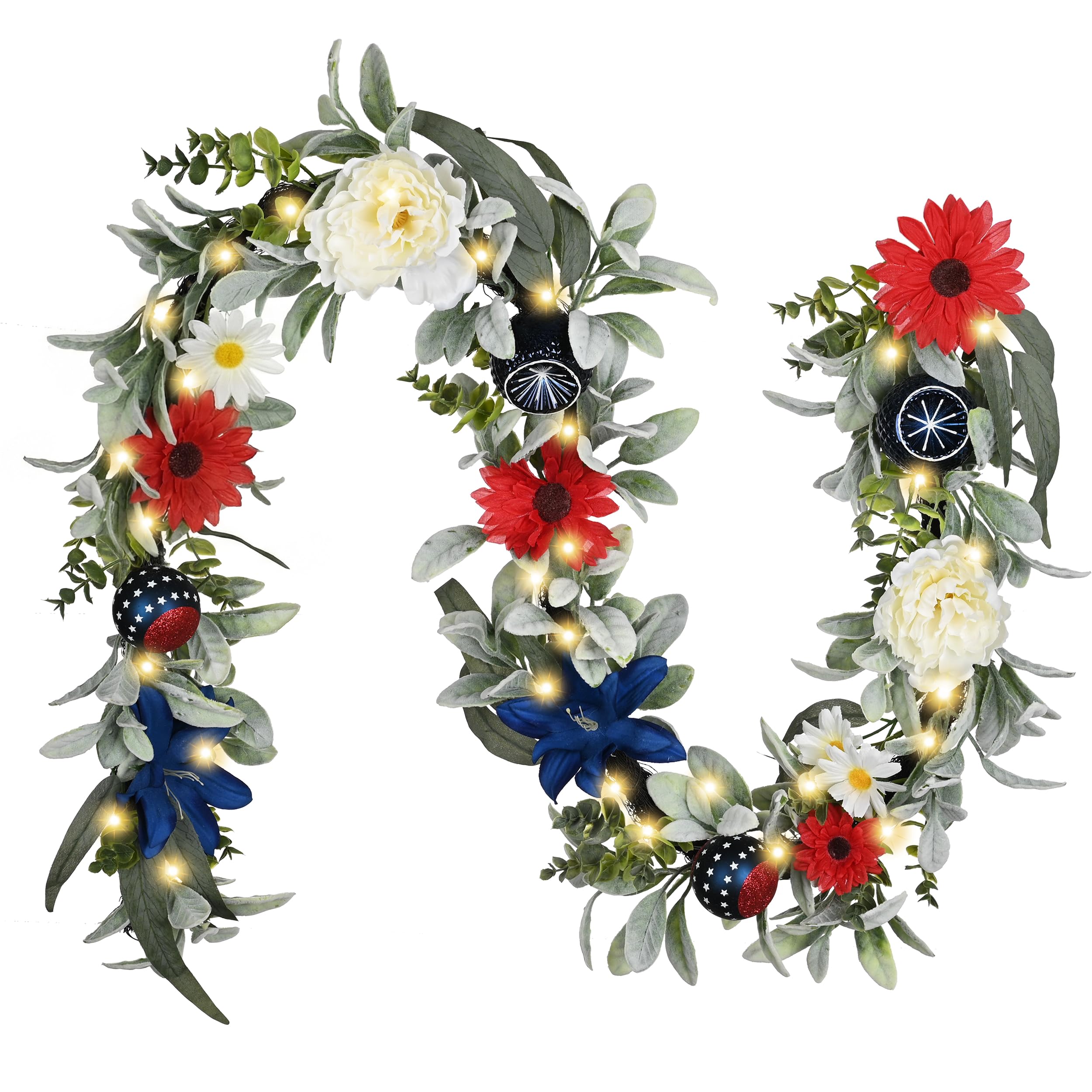 Valery Madelyn 6ft patriotic garland with lights for mantle adds festive ambiance.