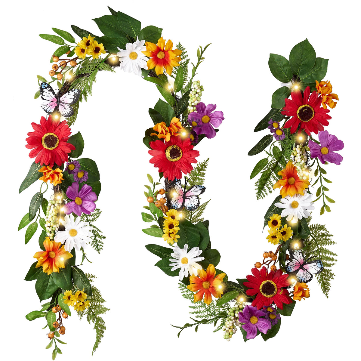 Valery Madelyn 6ft spring garland on the mantel with daisies and butterflies, warm glow.