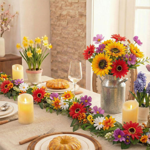 Valery Madelyn garland with artificial flowers brightens walls and windows for a fresh seasonal vibe.