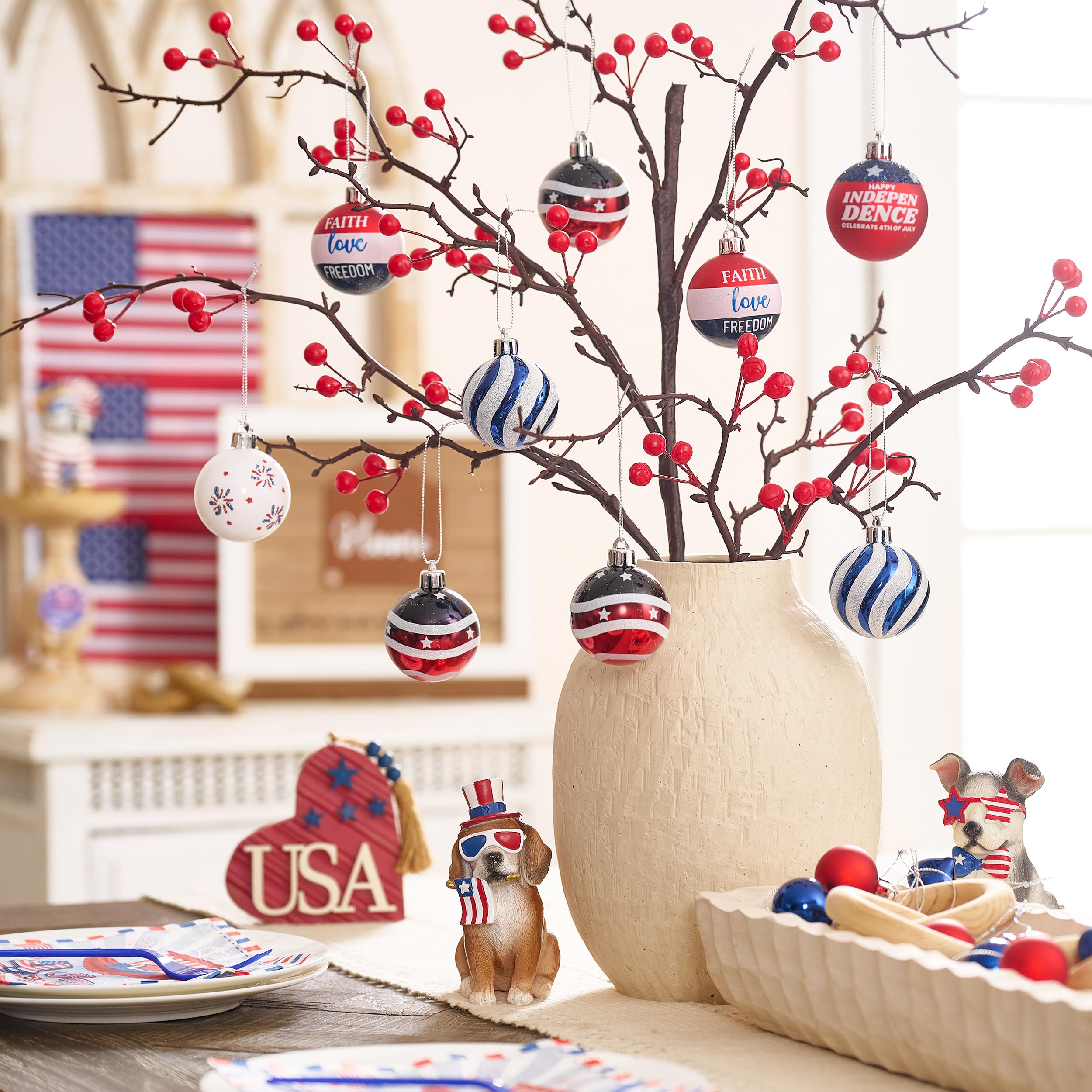 Valery Madelyn flag-pattern ball ornament enhances 4th of July displays.