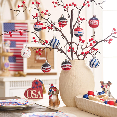 Valery Madelyn flag-pattern ball ornament enhances 4th of July displays.
