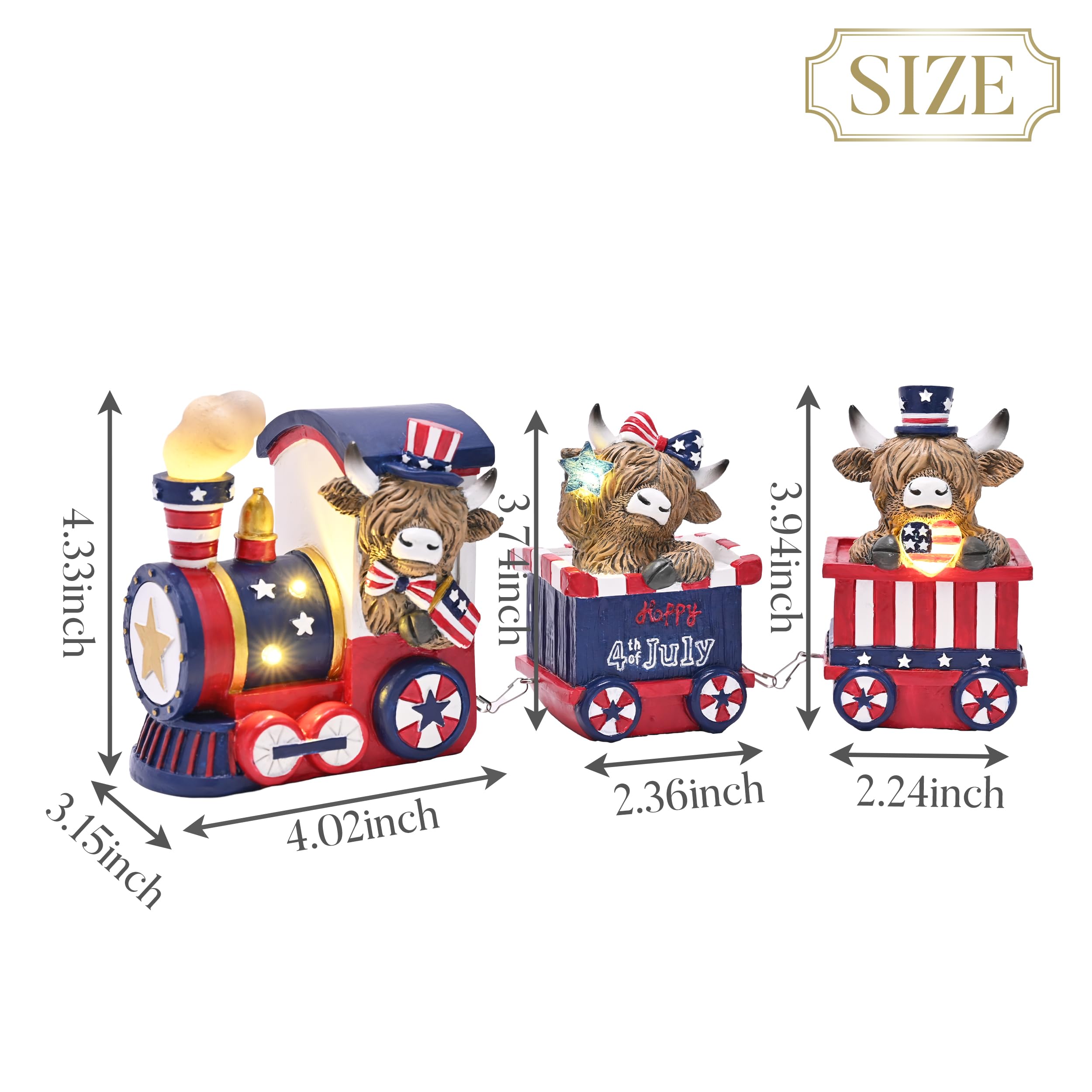 Valery Madelyn Highland cow train figurine 3.8 inches fits shelves with patriotic charm