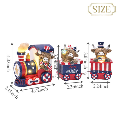 Valery Madelyn Highland cow train figurine 3.8 inches fits shelves with patriotic charm