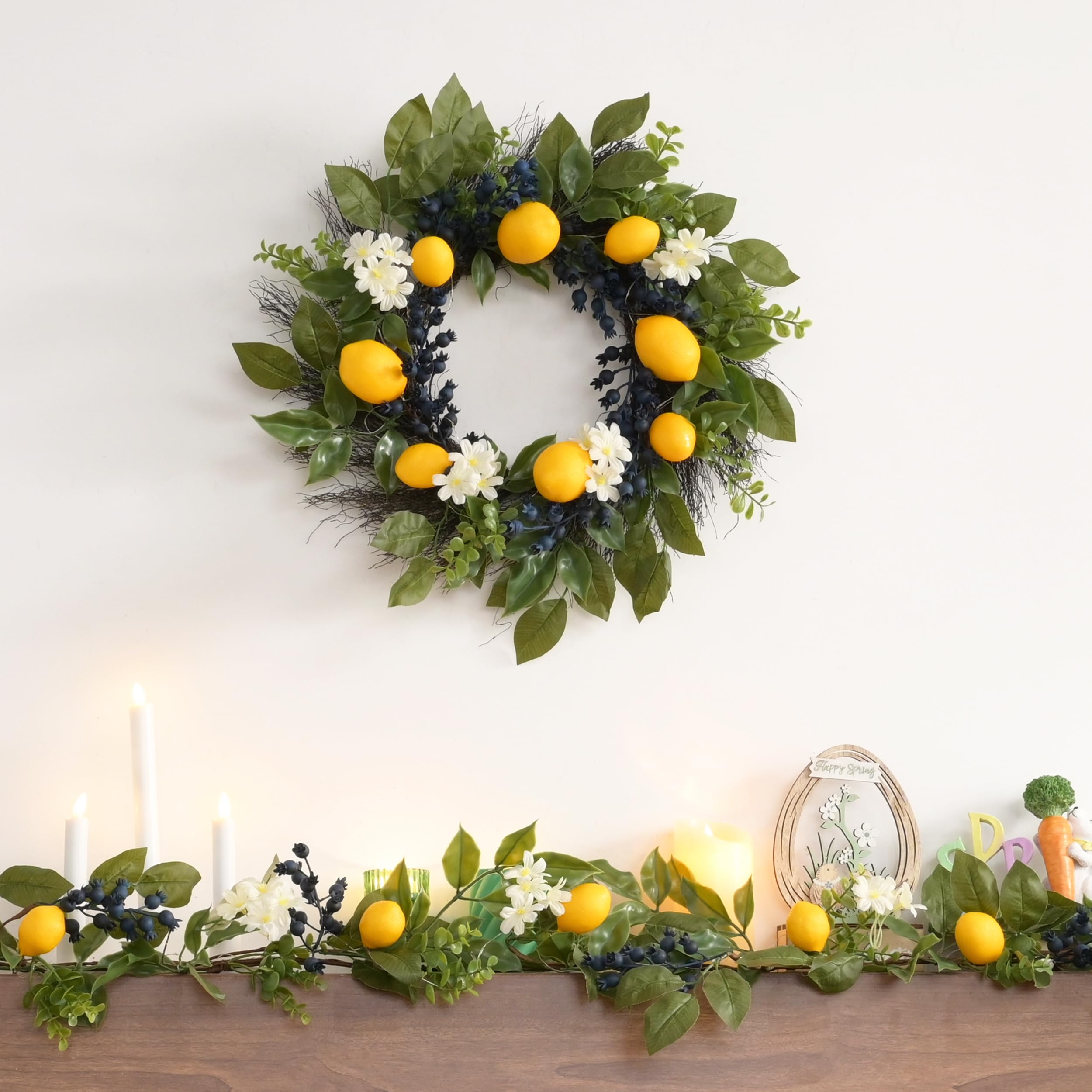 Close-up of lemons, blueberries, and eucalyptus on Valery Madelyn wreath for a lifelike spring vibe.