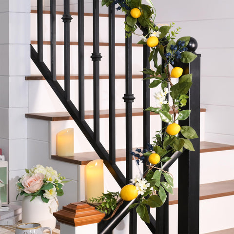 Versatile styling ideas show mantel, stairs, tables, and door frames.
