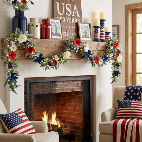 Valery Madelyn patriotic garland features hydrangea and daisies for lush visual appeal.