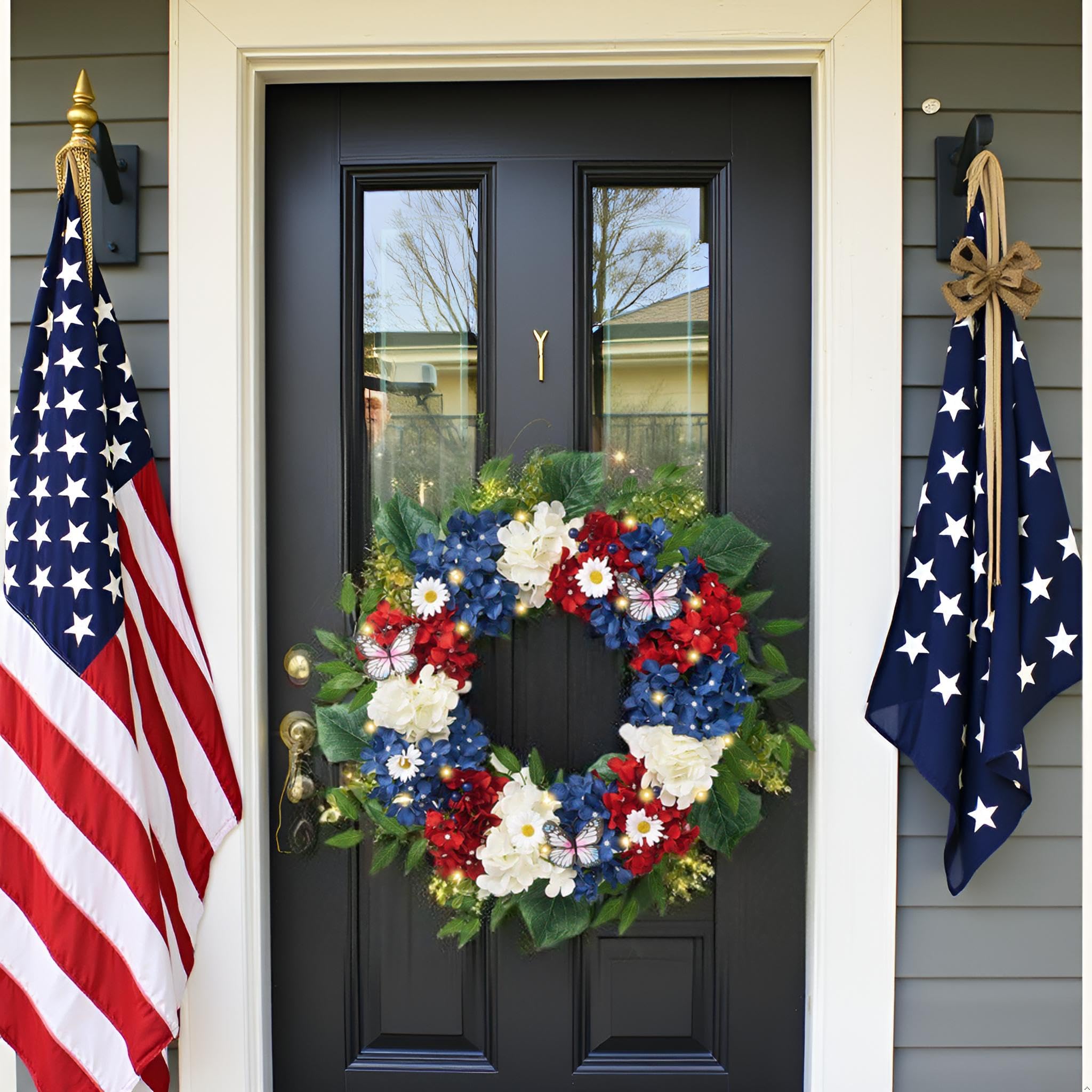 Patriotic hydrangeas, eucalyptus leaves, and butterfly on Valery Madelyn wreath