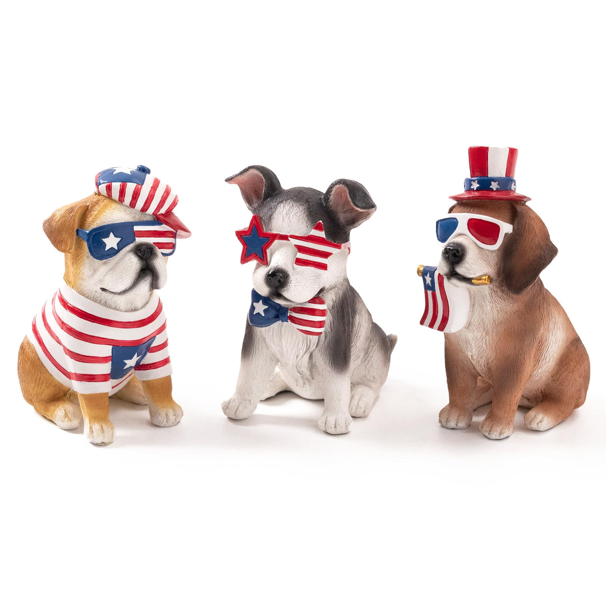 Valery Madelyn patriotic puppy statue with flag colors adds festive charm to shelves.