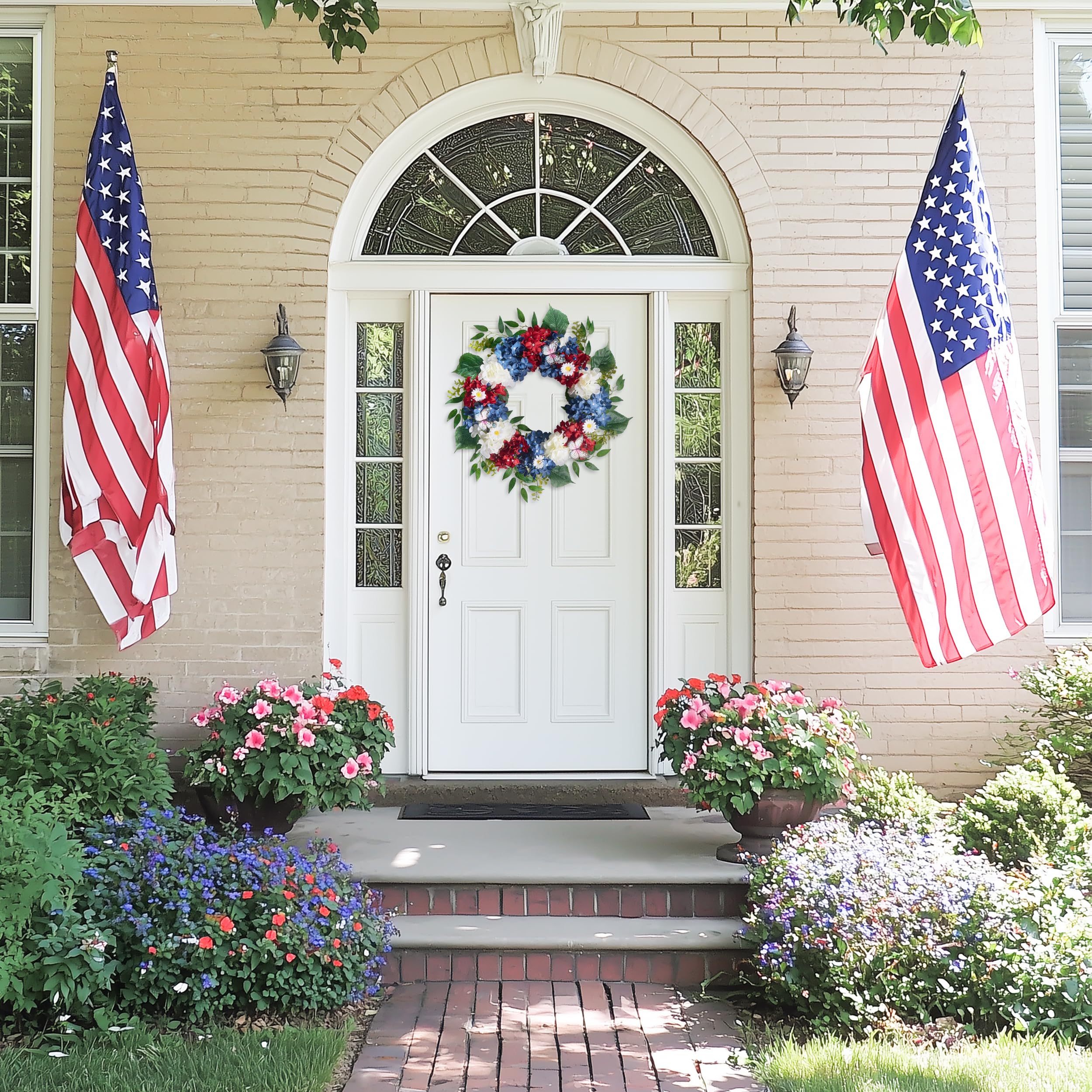 Valery Madelyn patriotic wreath showcases red, white, and blue hydrangeas for seasonal charm.