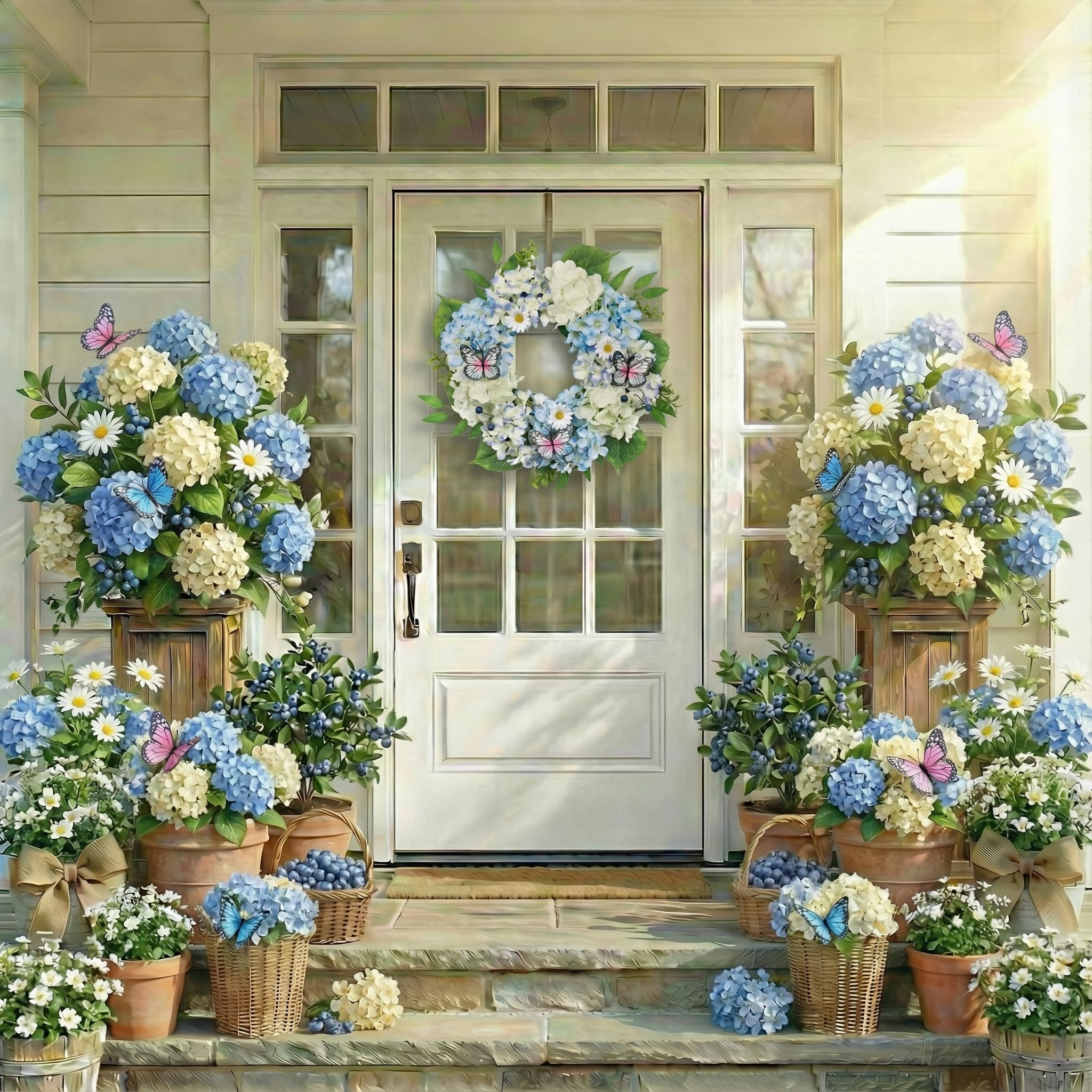 Valery Madelyn wreath featuring silk blue-white hydrangeas and eucalyptus for interior charm.