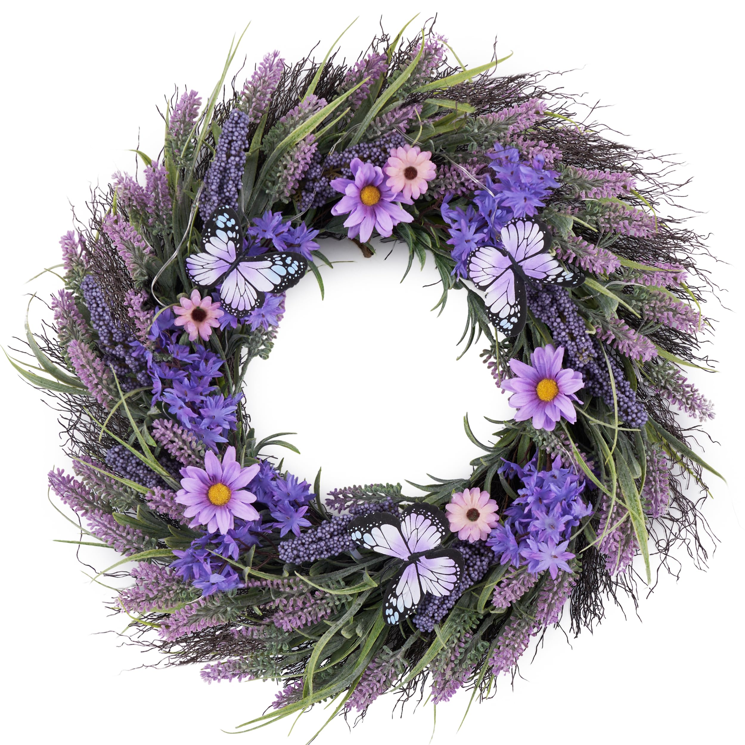 Valery Madelyn Spring Lavender Wreath on front door with lights for welcoming ambiance