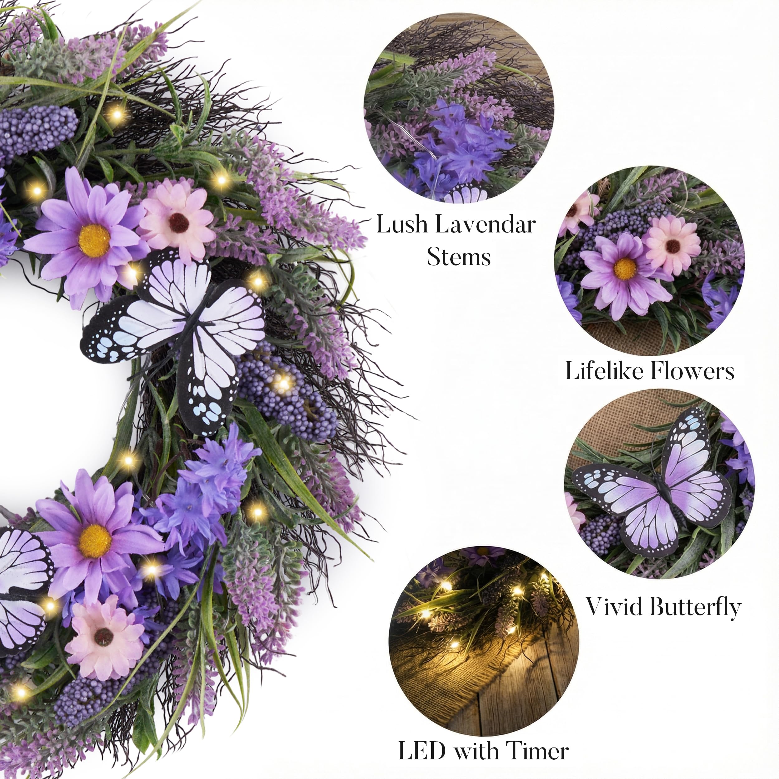 Valery Madelyn wreath lights softly illuminating curb appeal after dusk