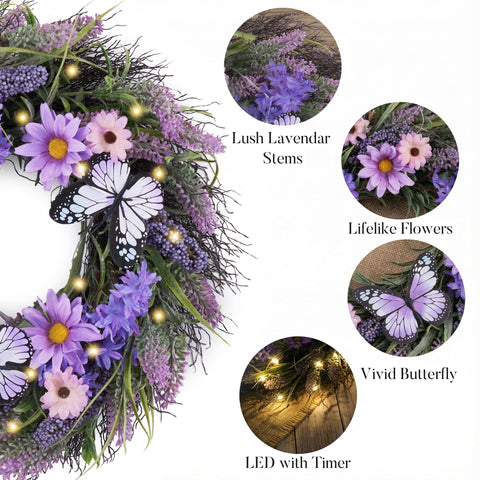 Valery Madelyn wreath lights softly illuminating curb appeal after dusk