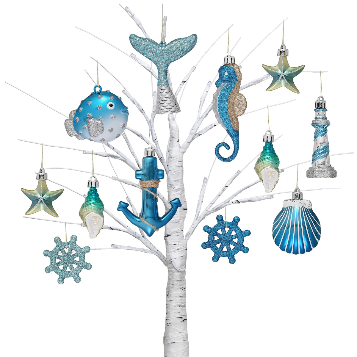 Valery Madelyn 12ct light blue and silver ornaments for easy coastal holiday decor.