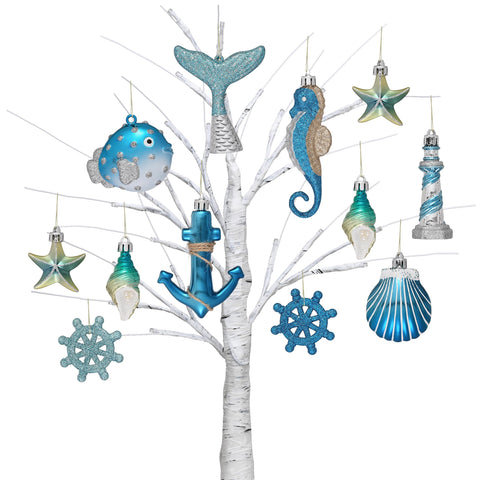 Valery Madelyn 12ct light blue and silver ornaments for easy coastal holiday decor.